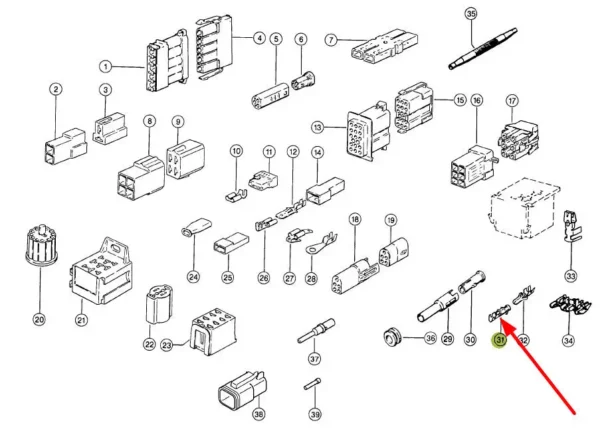 Oryginalny konektor elektryczny o wymiarach D3,5 x 1,5-2,5 mm i numerze katalogowym 211769.0, stosowany w kombajnach zbożowych i sieczkarniach samojezdnych marki Claas schemat.