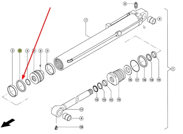 Pierścień uszczelniający tłok siłownika hydraulicznego o numerze katalogowym 213121.0, stosowany w ładowarkach marki Claas schemat