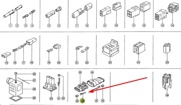 Oryginalne złącze konektorowe, stosowane w układach elektrycznych maszyn rolniczych  marki Claas schemat.