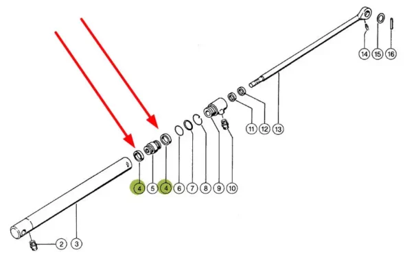 Oryginalne uszczelnienie tłoka siłownika hydraulicznego, wykonane z tworzywa sztucznego, stosowane w maszynach i pojazdach rolniczych marki Claas schemat.