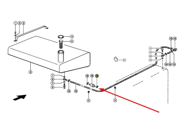 Oryginalna opaska zaciskowa węża paliwowego dodatkowego zbiornika paliwa, stosowana w kombajnach zbożowych Lexion marki Claas schemat