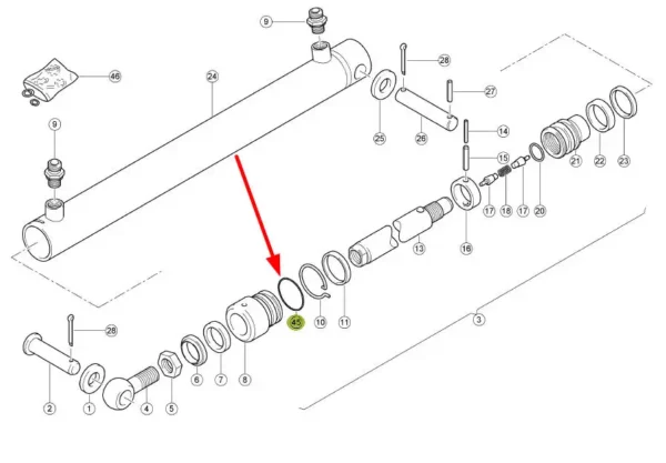 Oryginalny pierścień oring, o wymiarach 34 x 1 mm, uszczelniający głowicę cylindra hydraulicznego, stosowany w siłownikach hydrauliczncyh hederów marki Claas schemat.