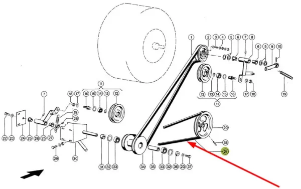 Oryginalny pasek klinowy B x 1422 li o numerze katalogowym 233839.2, stosowany w kombajnach zbożowych marki Claas schemat.