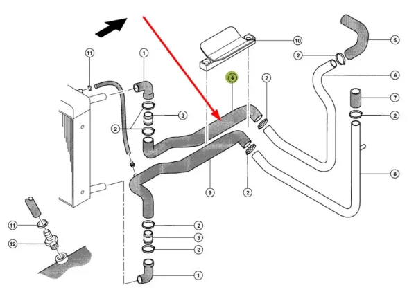 Oryginalny przewód gumowy układu chłodzenia silnika stosowany w ładowarkach marki Claas schemat