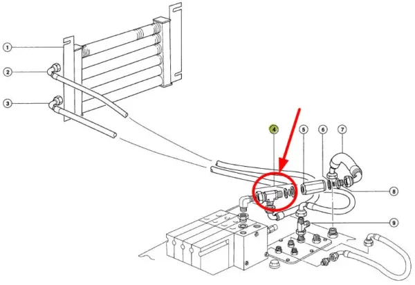 Oryginalny trójnik chłodnicy oleju hydraulicznego o numerze katalogowym 313739.0, stosowany w ładowaczach marki Claas schemat.