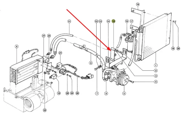 Oryginalne mocowanie sprężarki klimatyzacji, stosowane w maszynach rolniczych marki Claas schemat