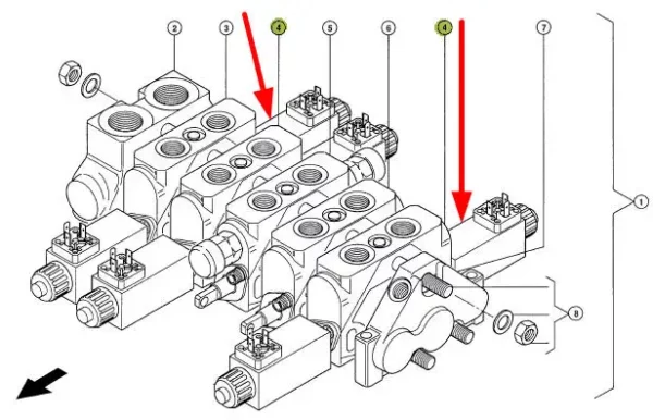 Oryginalny korpus zaworu wielodrożnego hydrauliki, stosowany w ładowarkach teleskopowych marki Claas schemat.