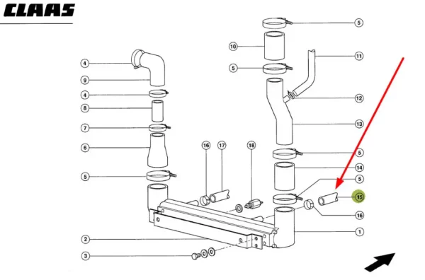 Oryginalny przewód gumowy chłodnicy oleju o numerze katalogowym 342588.0, stosowany w ładowarkach samojezdnych marki Claas. schemat