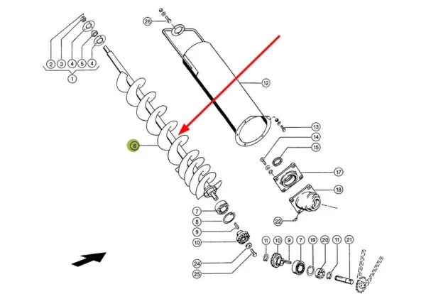 Oryginalny ślimak napełniania zbiornika ziarna o numerze katalogowym 543092.3, stosowany w kombajnach zbożowych marki Claas. schemat