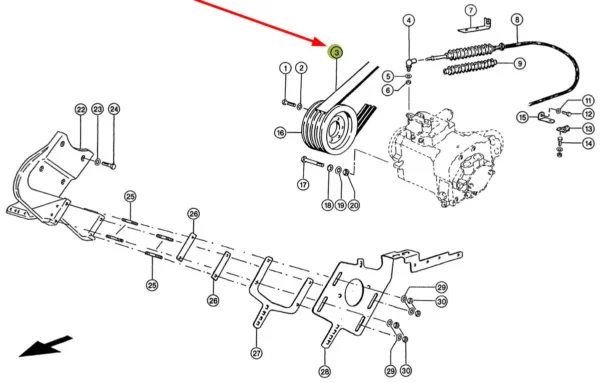 Oryginalny pasek klinowy zespolony napędu jezdnego o numerze katalogowym 544049.1, stosowany w kombajnach zbożowych marki Claas. schemat