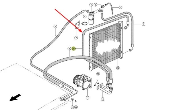Oryginalny przewód powrotny klimatyzacji, łączący skraplacz klimatyzacji ze sprężarką, stosowany w kombajnach zbożowych marki Claas schemat