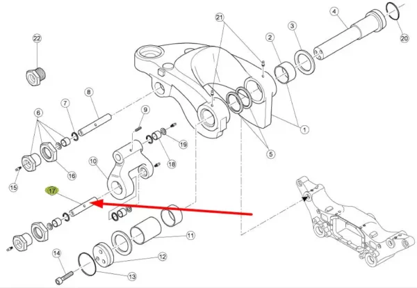 Oryginalny sworzeń zwrotnicy osi o numerze katalogowym 6000104455, stosowany w ciągnikach marek Renault oraz Claas schemat.