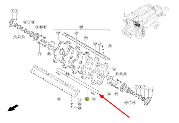 Oryginalny wał bębna młócącego, stosowany w kombajnach zbożowych marki Claas schemat.