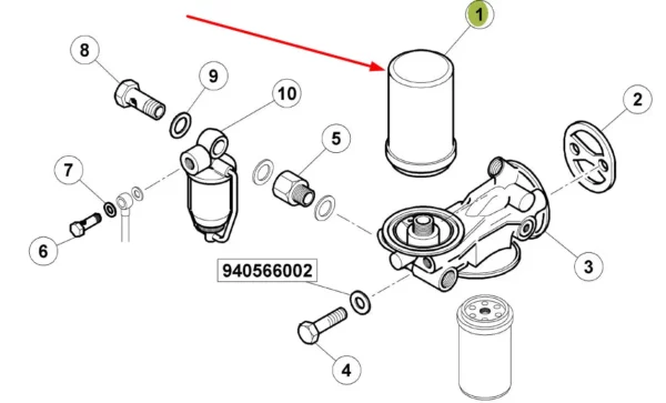 Oryginalny puszkowy filtr paliwa silnika o numerze katalogowym 6005000788, stosowany w ciągnikach rolniczych marek Claas i Renault. schemat