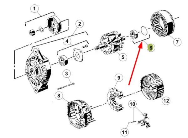 Oryginalne łożysko kulkowe zwykłe 1-rzędowe alternatora o numerze katalogowym 6005014176, stosowane w ciągnikach rolniczych marek  Claas i Renault schemat.