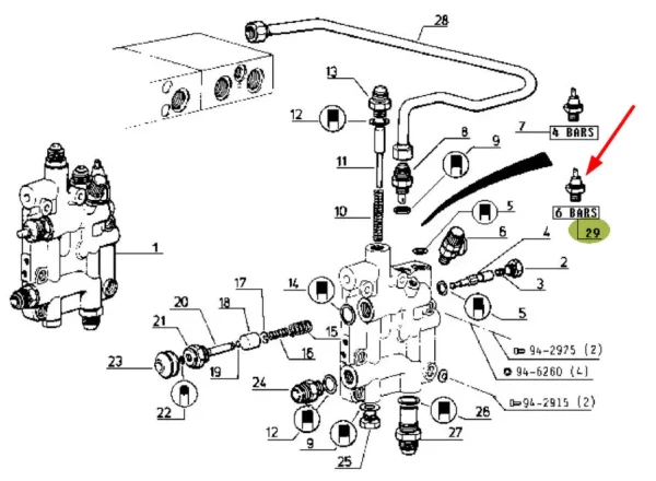 Oryginalny regulator ciśnienia układu hydraulicznego włączania sprzęgła, stosowany w ciągnikach rolniczych marki Claas i Renault schemat
