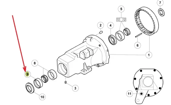 Oryginalny pierścień osadczy łożyska tylnej osi o numerze katalogowym 6005019440, stosowany w ciągnikach rolniczych marek Claas i Renault schemat