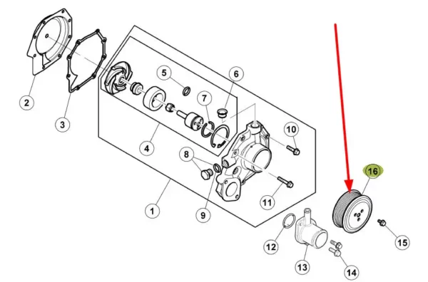 Oryginalne koło pasowe pompy wody o numerze katalogowym 6005021614, stosowane w ciągnikach marek Renault oraz Claas schemat.