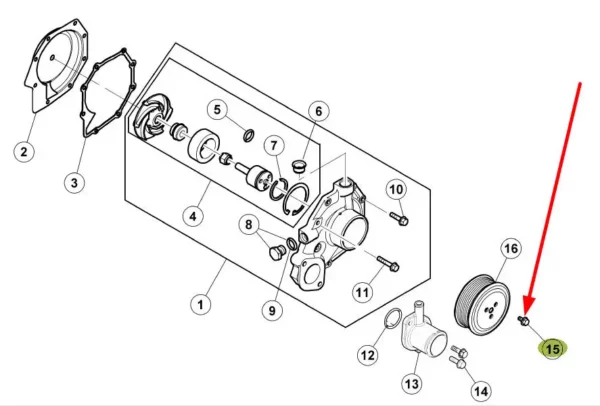 Oryginalna śruba 6-kątna z kołnierzem mocująca koło pasowe pompy wodnej, stosowana w ciągnikach rolniczych marki Claas schemat
