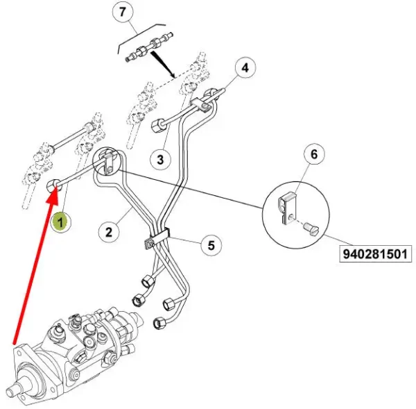 Oryginalny przewód wtryskowy o numerze katalogowym 6005028967, stosowany w ciągnikach marek Renault oraz Claas schemat.