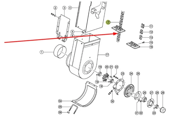 Oryginalny łańcuch elewatora ziarnowego o wymiarach 38,4-VB x 164 rolki, 41 łopatek i numerze katalogowym 601216.0, stosowany w kombajnach zbożowych marki Claas schemat.