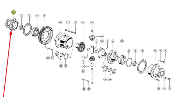 Oryginalna obudowa mechanizmu różnicowego układu hydrostatycznego prawa o numerze katalogowym 602140.0, stosowana w kombajnach zbożowych marki Claas schemat.