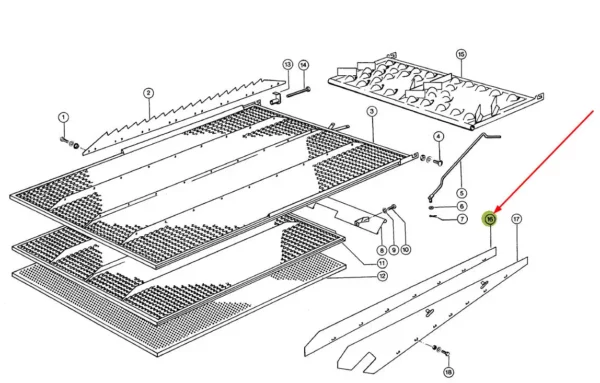 Oryginalna listwa prowadząca sita o wymiarach 1,5 x 93 x 1250 mm i numerze katalogowym 608773.1, stosowana w kombajnach zbożowych marki Claas schemat.