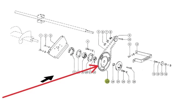Oryginalne koło zębate napędu rozładunku zbiornika ziarna o 50 zębach i numerze katalogowym 608985.0, stosowane w kombajnach zbożowych marki Claas schemat.
