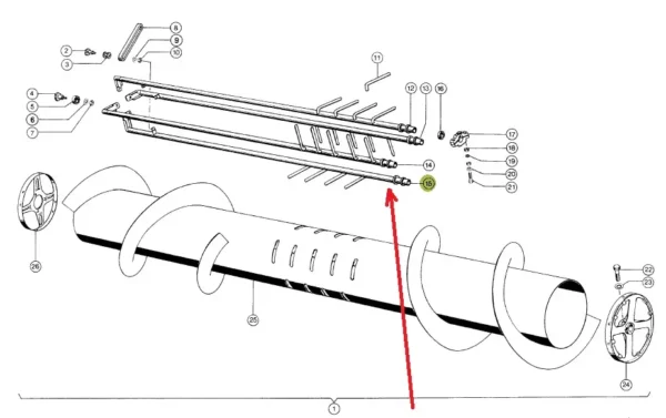 Oryginalna rurka z palcami wciągającymi ślimaka hederu o numerze katalaogowym 611431.3, stosowana w kombajnach zbożowych marki Claas. schemat