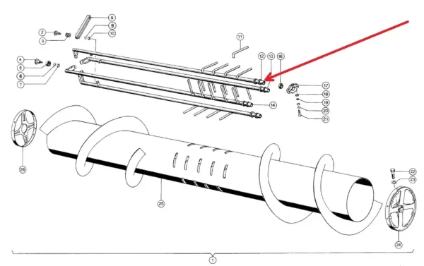 Oryginalna rurka z palcami ślimaka hederu o numerze katalogowym 611433.3, stosowana w kombajnach zbożowych marki Claas. schemat