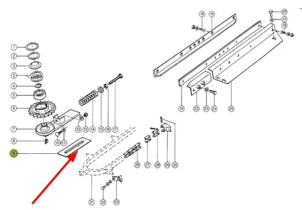 Oryginalny ślizg koła łańcuchowego łańcucha zabieraka, stosowana w  przystawkach do kukurydzy Multimaster marki Claas schemat