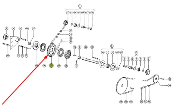 Oryginalne koło zębate bębna wciągającego o 38 zębach i numerze katalogowym 617214.1, stosowane w przystawkach do kukurydzy marki Claas schemat.