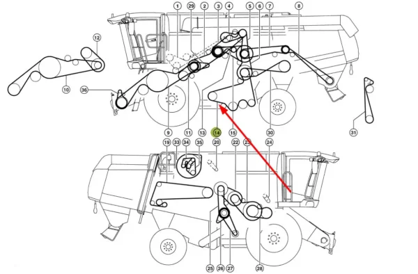 Oryginalny pasek klinowy zespolony o wymiarach 2B x 5660 lp stosowany w maszynach rolniczych marki Claas schemat