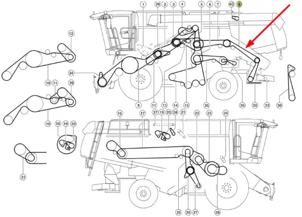 Oryginalny pasek klinowy zespolony o wymiarach 2B x 3850 lp stosowany w maszynach rolniczych marki Claas schemat