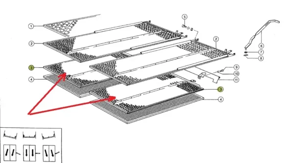 Oryginalne sito dolne o wymiarach 632 x 1275 mm i numerze katalogowym 646098.2, stosowane w kombajnach zbożowych marki Claas. schemat