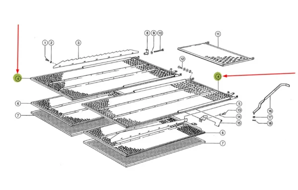 Oryginalne sito górne o wymiarach 1739x765 i numerze katalogowym 647675.1, stosowane w kombajnach marki Claas.-schemat