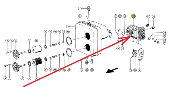 Oryginalna podwójna pompa hydrauliczna o numerze katalogowym 656860.1, stosowana w kombajnach zbożowych marki Claas schemat.