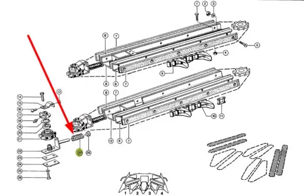 Oryginalna sprężyna zrywacza do kukurydzy o wymiarach 7 x 31 x 135 mm, stosowana w przystawkach do cięcia kukurydzy oraz sieczkarniach samojezdnych marki Claas schemat