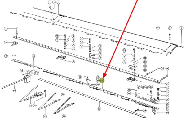 Oryginalny segment kosy o długości  2644 mm i numerze katalogowym 666746.1, stosowany w kombajnach zbożowych marki Claas schemat.