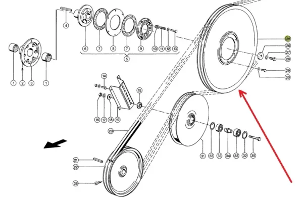 Oryginalne koło pasowe przyrządy żniwnego o numerze katalogowym 667544.1, stosowane w kombajnach zbożowych marki Claas. schemat