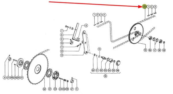 Oryginalny łańcuch napędu nagarniacza o wymiarach RE317 x 74 rolek i numerze katalogowym 670228.0, stosowany w hederach kombajnów zbożowych marki Claas schemat.
