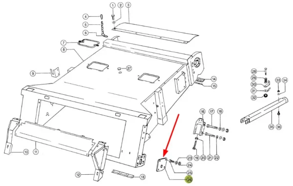 Oryginalna, prawa płytka mocująca przenośnika pochyłego, stosowana w kombajnach zbozowych marki Claas schemat