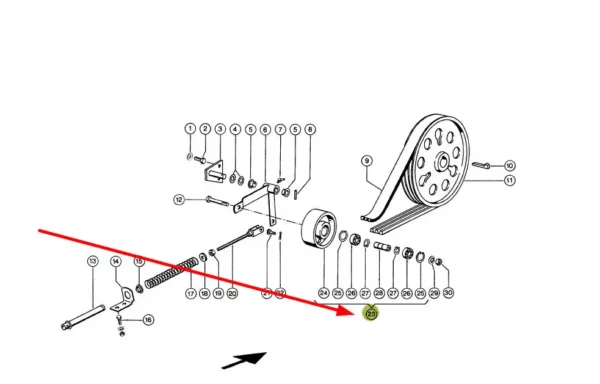 Oryginalny napinacz pasa jezdnego z łożyskiem o numerze katalogowym 672357.1, stosowany w maszynach rolniczych marki Claas. schemat