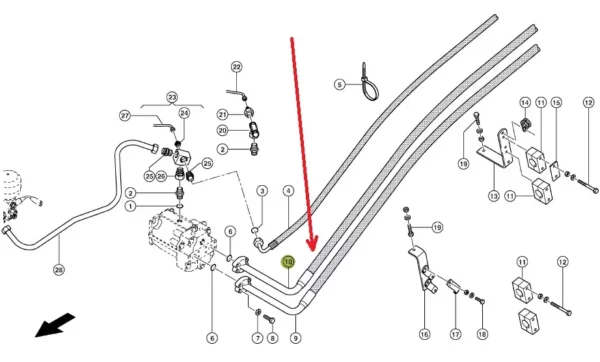 Oryginalny przewód hydrauliczny napędu jezdnego o numerze katalogowym 683643.0, stosowany w kombajnach zbożowych marki Claas. schemat