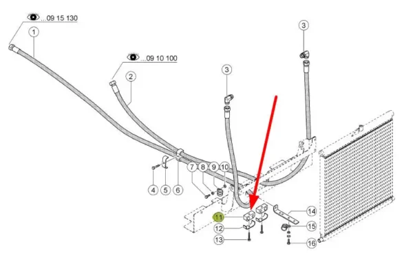 Oryginalny uchwyt przewodu hydraulicznego chłodnicy oleju, stosowany w maszynach rolniczych marki Claas schemat.