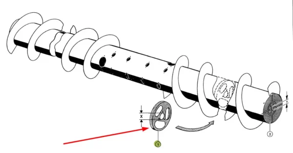 Oryginalna wkladka ślimaka o średnicy 30 cm, otwór o średnicy x= 71 mm i numerze katalogowym 690998.1, stosowana w hederach kombajnów zbożowych marki Claas. schemat