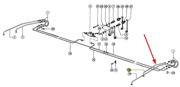 Oryginalny przewód hydrauliczny napędu nagarniacza o wymiarach D8 x 1 x 585-4 mm i numerze katalogowym 697562.0, stosowany w hederach i kombajnach zbożowych marki Claas schemat.