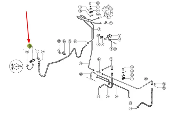 Oryginalne szybkozłącze hydrauliczne o wymiarze gwintu M14 x 1,5 i numerze katalogowym 697904.0, stosowane w maszynach i pojazdach rolniczych marki Claas. schemat