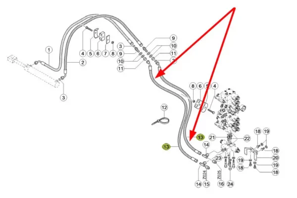 Oryginalny przewód hydrauliczny o numerze katalogowym 697972.0, stosowany w maszynach i pojazdach rolniczych marki Claas schemat.