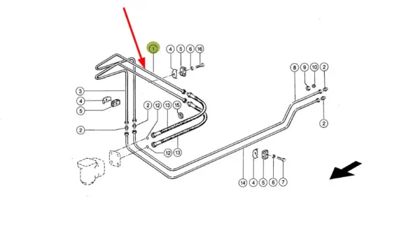 Oryginaly metalowy przewód hydrauliczny układu kierowniczego tylnej osi skrętnej, stosowany w kombajnach marki Claas schemat.